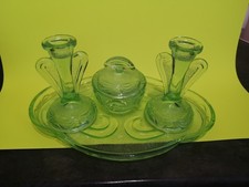 Vintage Pressed Green Glass Dressing Table Set. 4 Pieces.