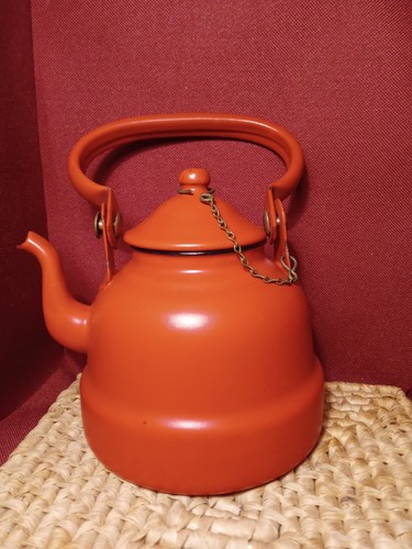 Red enameled tea pot vintage - pot.,