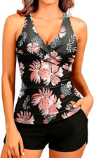 2 Piece Tummy Control Pockets Boy Shorts Tankini Set Swimsuit Cups A-B Size S 10