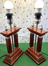 Two Cherry Wood Table Lamps Double Columns Pillars Design Vintage 80s Working