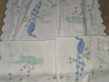 Vintage AMAZING Cream Bird/Peacock APPLIQUE Embroidered  Tablecloth 44x44 Inches