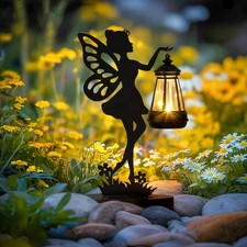 Iron Fairy Statue Garden Ornaments Outdoor with Solar Powered Lights