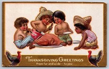 Thanksgiving Far & Wide~Spanish Boys Eat Carve & Share Turkey~Gold Border~NASH