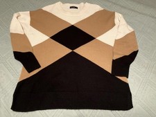 F & F CASHMERE JUMPER SIZE 16 EASY FIT-CREAM CAMEL & BLACK ARGYLE CHECK-CREWNECK