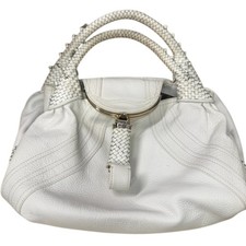 FENDI White Leather Satchel Women's Top Handle Bag Italy Braided Handles