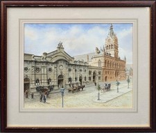 R. Cummins : Chester Town Hall and Carriage Works, signed watercolour