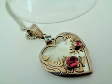 Silver pendant & chain Heart With Mother of pearl blue Sapphire & pink stones.