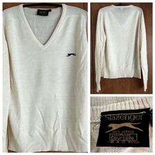 Vintage 1960s Slazenger Cream V Neck Jumper Size L/42 Men’s Sweater