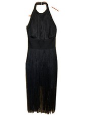 Karen Millen Fringe Bandage Knit Dress UK 8 BNWT Black LBD Fitted RRP 209 Halter