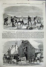 Old Antique Print 1859 Sawing Ploughing Ice Lawrence Icehouse Nuns Island 19th