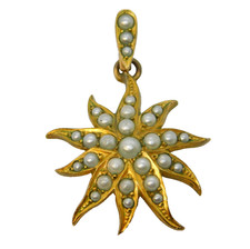 Edwardian Gold Plated Seed Pearl Set Sunburst Drop Pendant Antique c1910