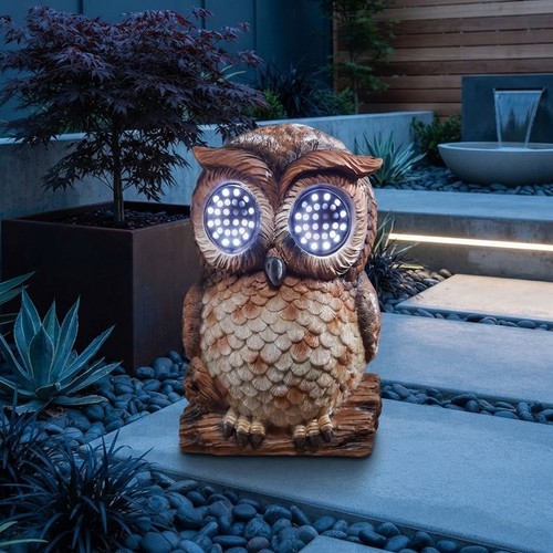 Solar powered resin garden owl - powered,