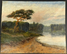 Large Landscape Painting Forest & River 19th Century Signed Oil On Canvas