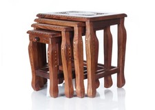 Nest of 4 Sheesham Wood Tables – Indian Rosewood Hand Carved with Brass Inlay