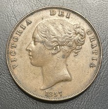 1857 Victoria Young Head Copper Penny coin plain trident Colon close to DEF 