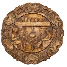 Vintage German Carved Wood Wall Plaque Rustic Rural Scene, Arts & Crafts 1970s