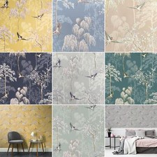 Arthouse Japanese Garden Wallpaper Oriental Trees Birds - Navy Ochre Grey