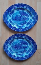 WH Grindley & Sons Blue & White English Country Inns Serving Plates, Set of 2