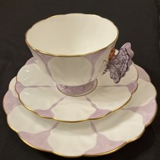 Aynsley Butterfly Handle Trio Cups & saucers and Plates Lilac Royal Warrant Mint