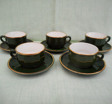 5 dark green & gold Apilco Bistroware cups & saucers