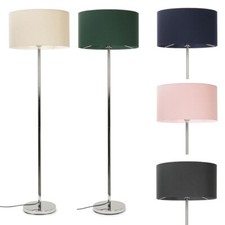 Chrome Metal Stem Floor Lamp Base Large Fabric Lampshade Shade Living Room Light