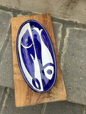 Fish Plate White Blue Glazed Oval Individual Serving Dish Porcelain