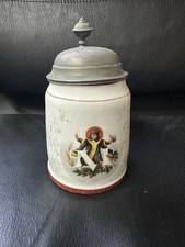 Antique German 1/2 Litre Lidded Beer Stein – Tin Pewter Lid – Hand Painted 