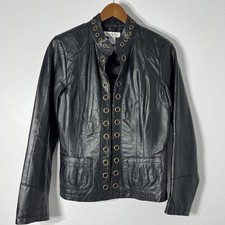 Newport News Leather Jacket Womens 10 Black Grommet Biker Y2K Motto Rocker