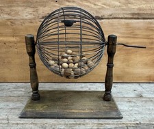 Antique vintage Tombola Bingo cage painted numbers wooden balls turned legs 1920
