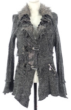 Juju and Christine Womens Grey Textured Knit Jacket Faux Fur Trim Asymmetrical S