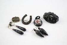 Antique Jewellery Carved Hand Painted Mourning French Jet Earrings x 6