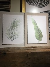 2x Pair of palm tree leaves painting print vintage tropical home wall decor art