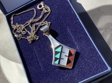 Native American ZUNI Silver 925 Multi-Stone Pendant Necklace Signed MA BOONE