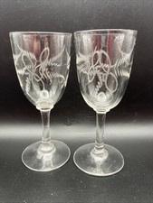 2 Vintage Edwardian Sherry/Port Glasses-Etched Bow & Fern Fronds-11.5 cm High