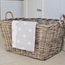 Rectangular Wicker Basket Log Storage with Handles Grey Buff Rattan Large