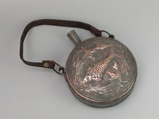Antique Middle Eastern Gunpowder Flask, Tinned Copper with Fish Motif