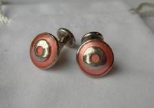 SUPERB HEAVY  VINTAGE SOLID STERLING SILVER PINK ENAMEL ROUNDEL CUFFLINKS - VGC