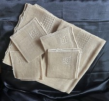 Vintage Linen Tablecloth Embroidered with Four Matching Napkins Square