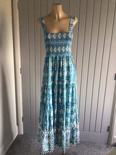 ZARA Ladies Cotton Boho Maxi Dress S UK 8/10 Sleeveless Pom Pom Trim 52” Length