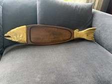 Vintage Fish-Shaped Wooden and Brass Serving Board / Platter – Nautical Design
