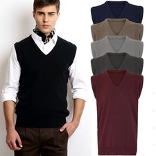 Men Gents V Neck Sleeveless Golf Bowling Cricket Knitted Jumper Pullover S-5XL