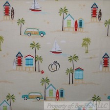 BonEful Fabric FQ Cotton Quilt Tan Sand Sail Boat Car Surf Board Palm Tree Toile