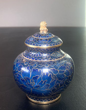 Antique Chinese Cloisonné Champlevé Golden Temple Lion Foo Dog Ginger Jar