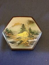 Antique Meiji Japanese Satsuma Trinket Box -Hand Painted Rural Scene  - Signed