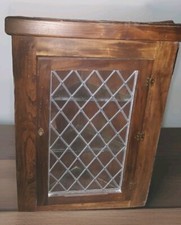  vintage glazed oak wall mounted corner cupboard With Leaded Glass 