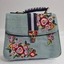 Floozie Y2K Denim Bag Flowers Embroidered Gold Lock Top Handle No Shoulder Strap