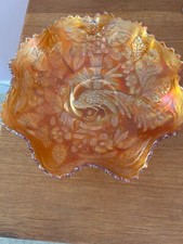 Antique Carnival Glass Fenton Radium Marigold Peacock And Urn Ruffled Bowl