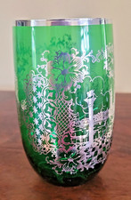 VENETIAN EMERALD GREEN GLASS SILVER OVERLAY TUMBLER VASE-363