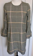 Ladies Size XS (8) Zara Black/Stone/Yellow Check 3/4 Frill Sleeve Shift Dress