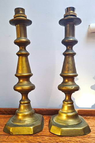 Antique brass pair candlestick - pair,